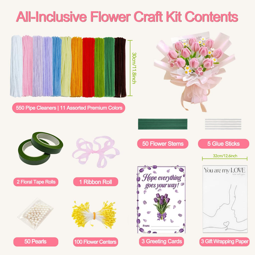 550 PCS Pipe Cleaner Flower Kit - 11 Colors Pastel Pipe Cleaners Craft, DIY Art Making Supplies for Adults Kids, Chenille Stems with Instruction