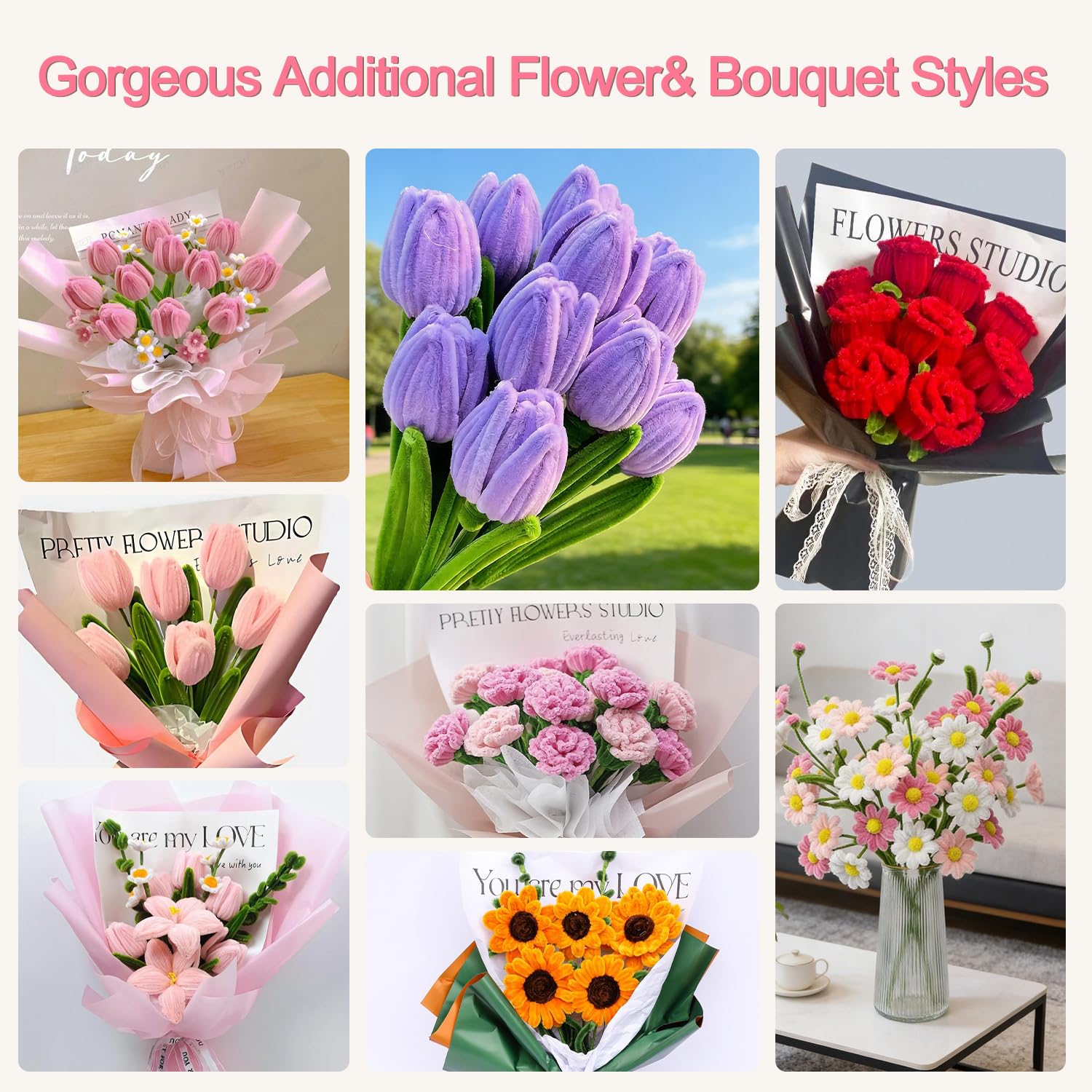550 PCS Pipe Cleaner Flower Kit - 11 Colors Pastel Pipe Cleaners Craft, DIY Art Making Supplies for Adults Kids, Chenille Stems with Instruction