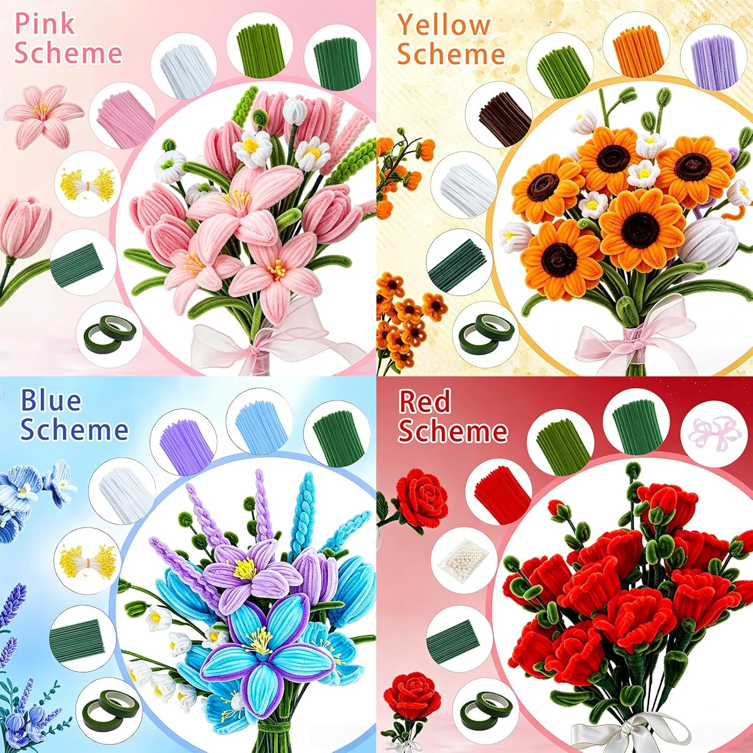 550 PCS Pipe Cleaner Flower Kit - 11 Colors Pastel Pipe Cleaners Craft, DIY Art Making Supplies for Adults Kids, Chenille Stems with Instruction